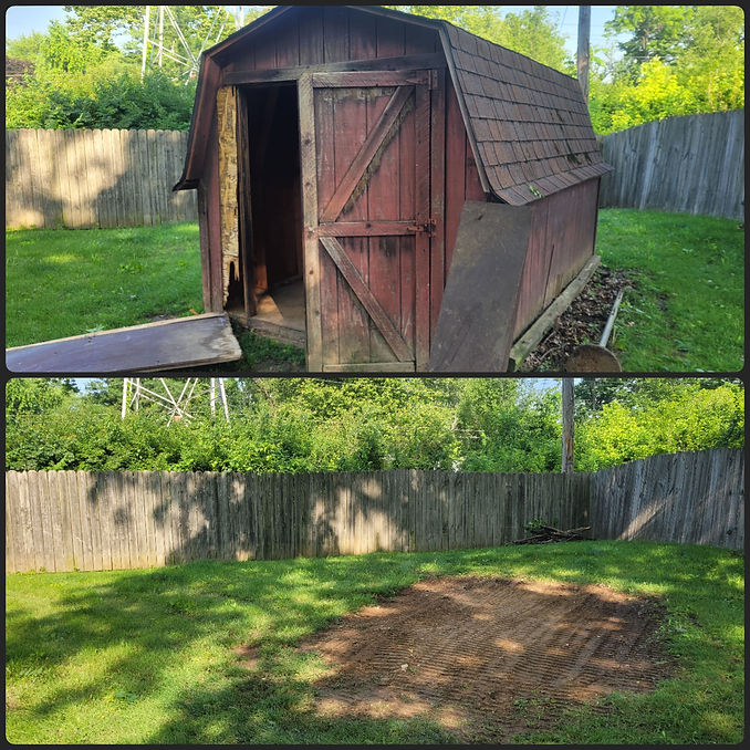 Before and after of a mini barn demolition in Indianapolis by Schott Services; click to see our shed and structure removal services.