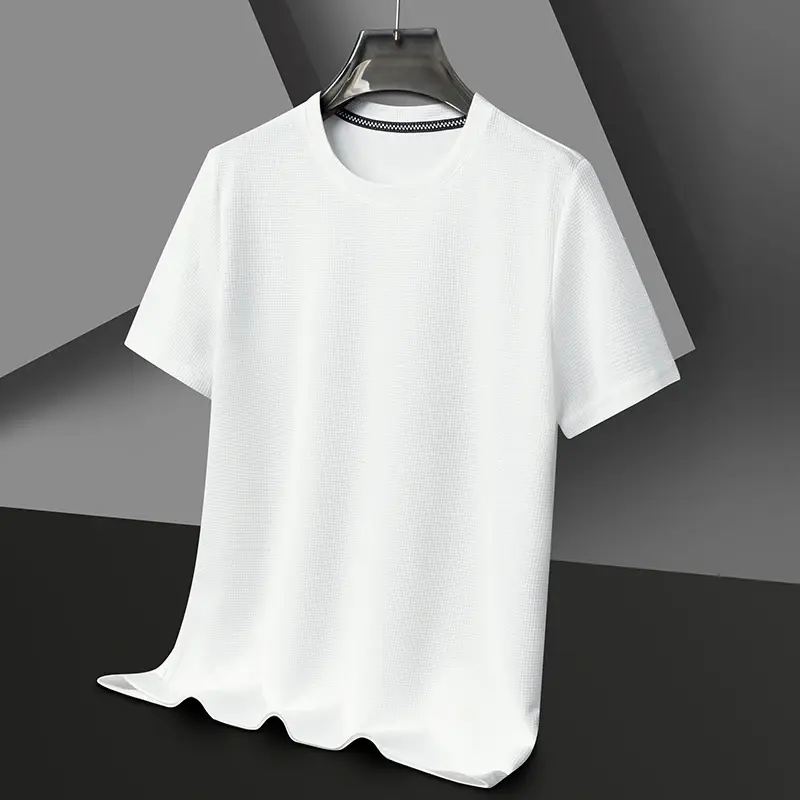 Miniatura: Novo verão waffle em torno do pescoço manga curta camiseta para homem de manga c