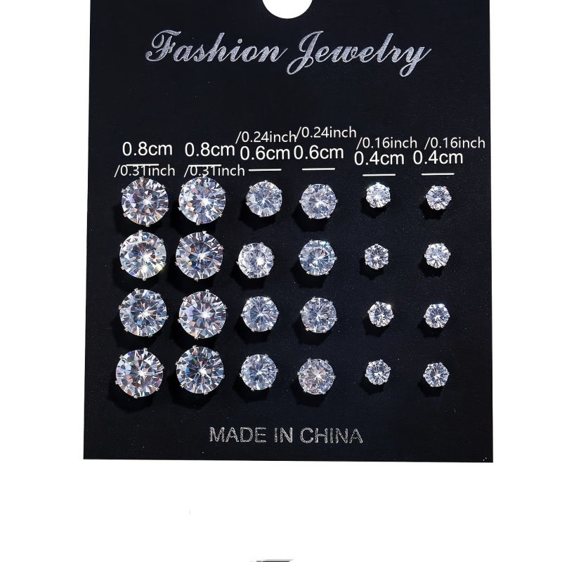 Miniatura: 12 Pairs Six Claw Zircon Earrings Set Geometric White Shiny Crystal Wedding Stud