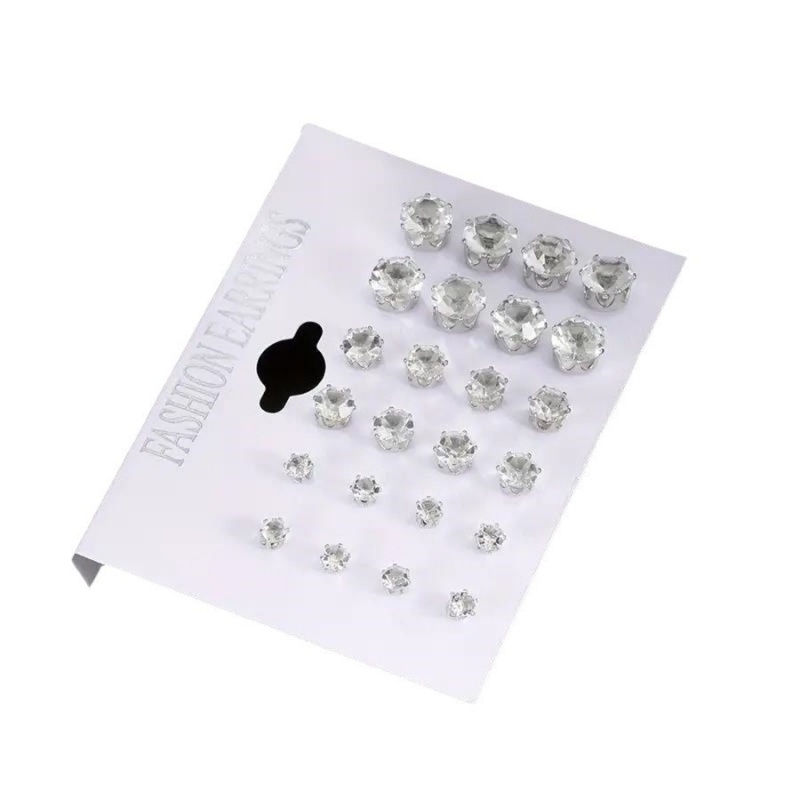 Miniatura: 12 Pairs Six Claw Zircon Earrings Set Geometric White Shiny Crystal Wedding Stud