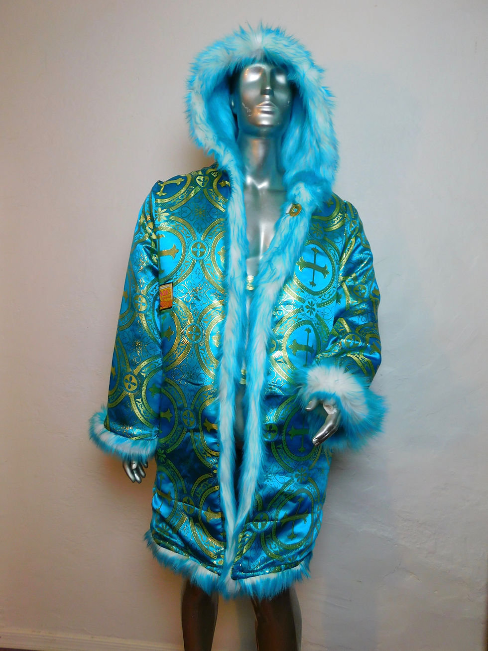 Thumbnail: Teal Blue Light Up Fur Coat -  Burning Man Faux Fur Coat Brocade Interior