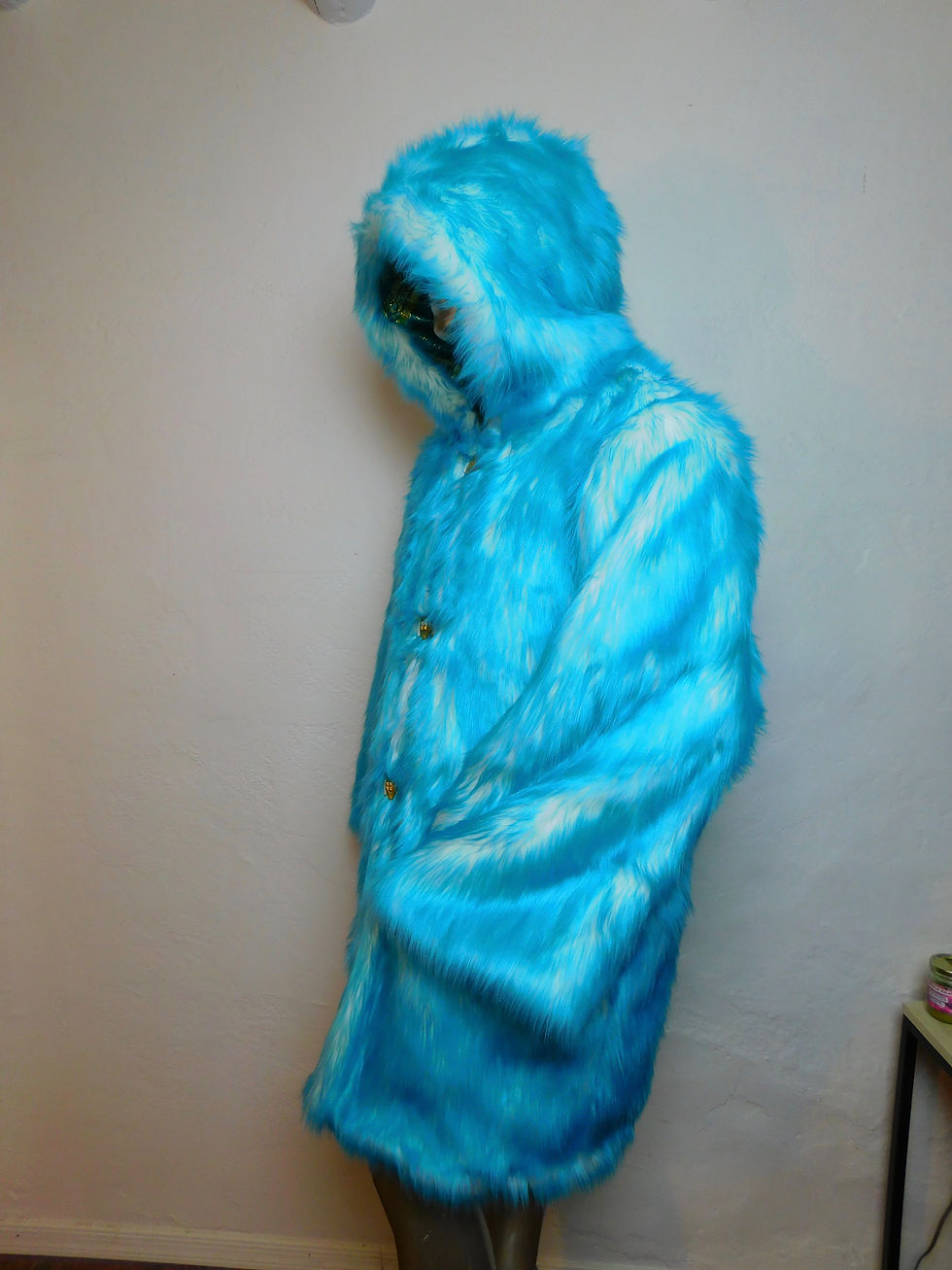 Thumbnail: Teal Blue Light Up Fur Coat -  Burning Man Faux Fur Coat Brocade Interior