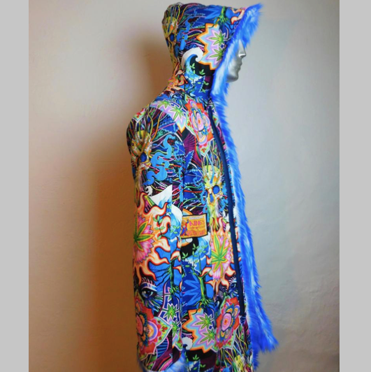 Thumbnail: LED Faux Fur Light Up Coat Mandalas Skulls and Marijuana - SMALL
