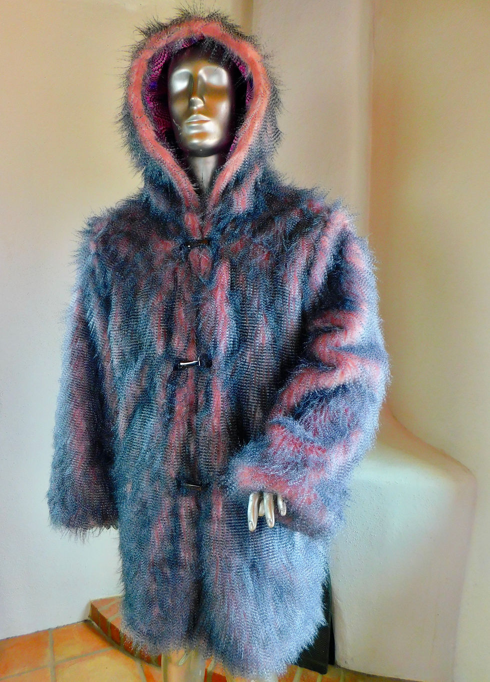 Thumbnail: Light Up Faux Fur Coat - Pink Feathered faux fur - Psychedelic Cotton Interior