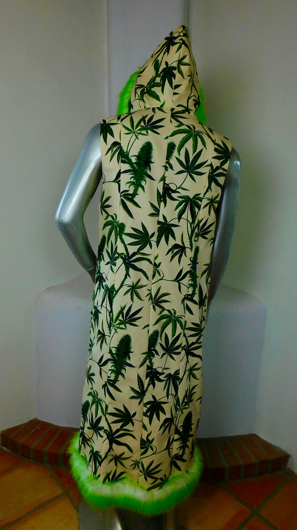 Thumbnail: Cannabis Unisex Long Vest with Hood and Faux Fur Trim LED's