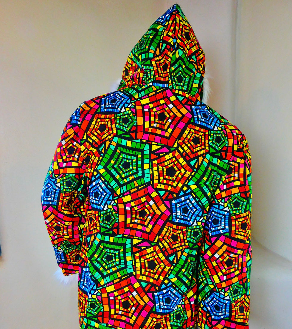 Thumbnail: LED Faux Fur Coat - Burning Man Furry Coat - Stained Glass Hexagon Rainbow