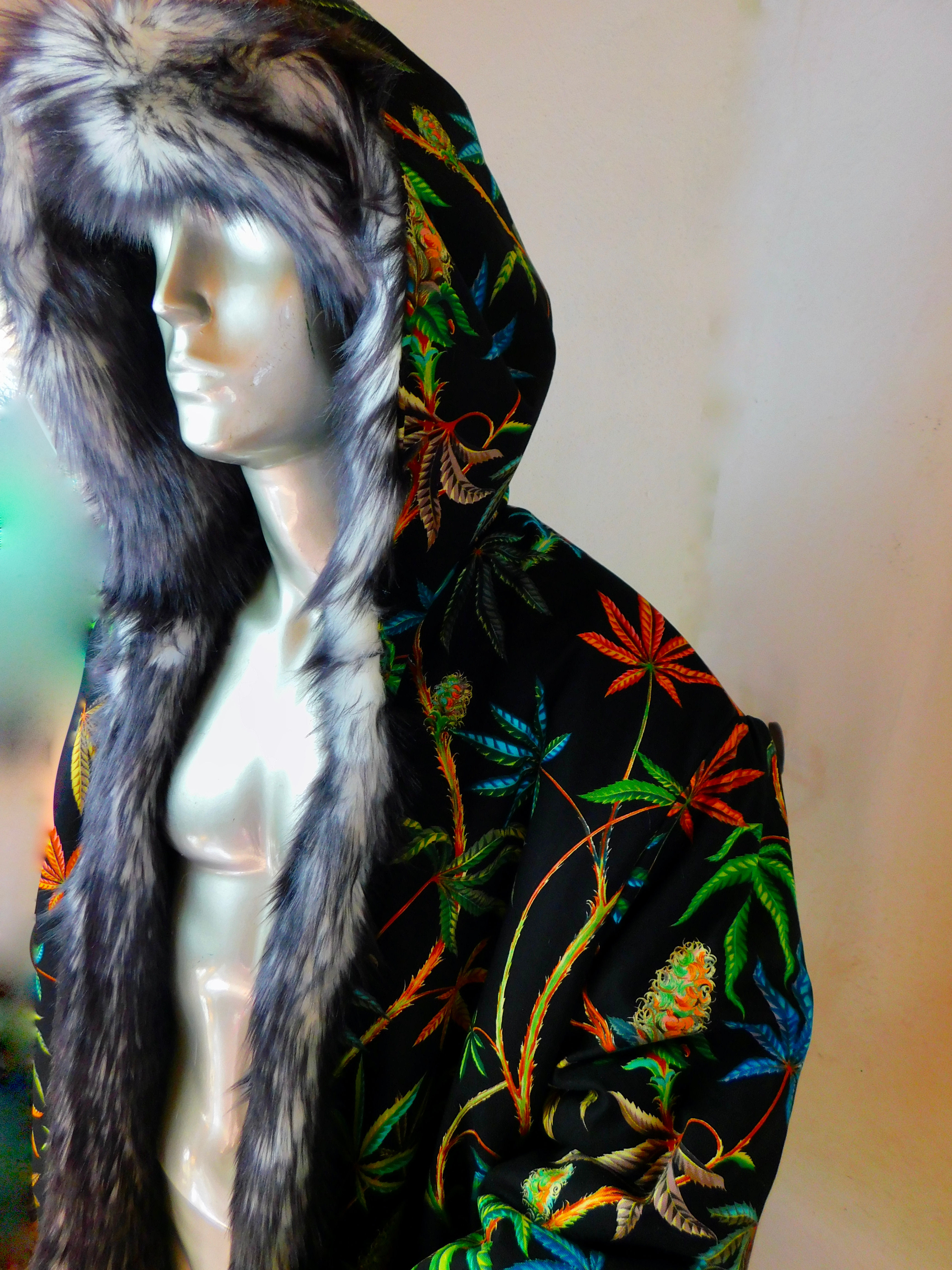 Cannabis Black Faux Fur Light Up Coat - LEDs - Cannabis Interior