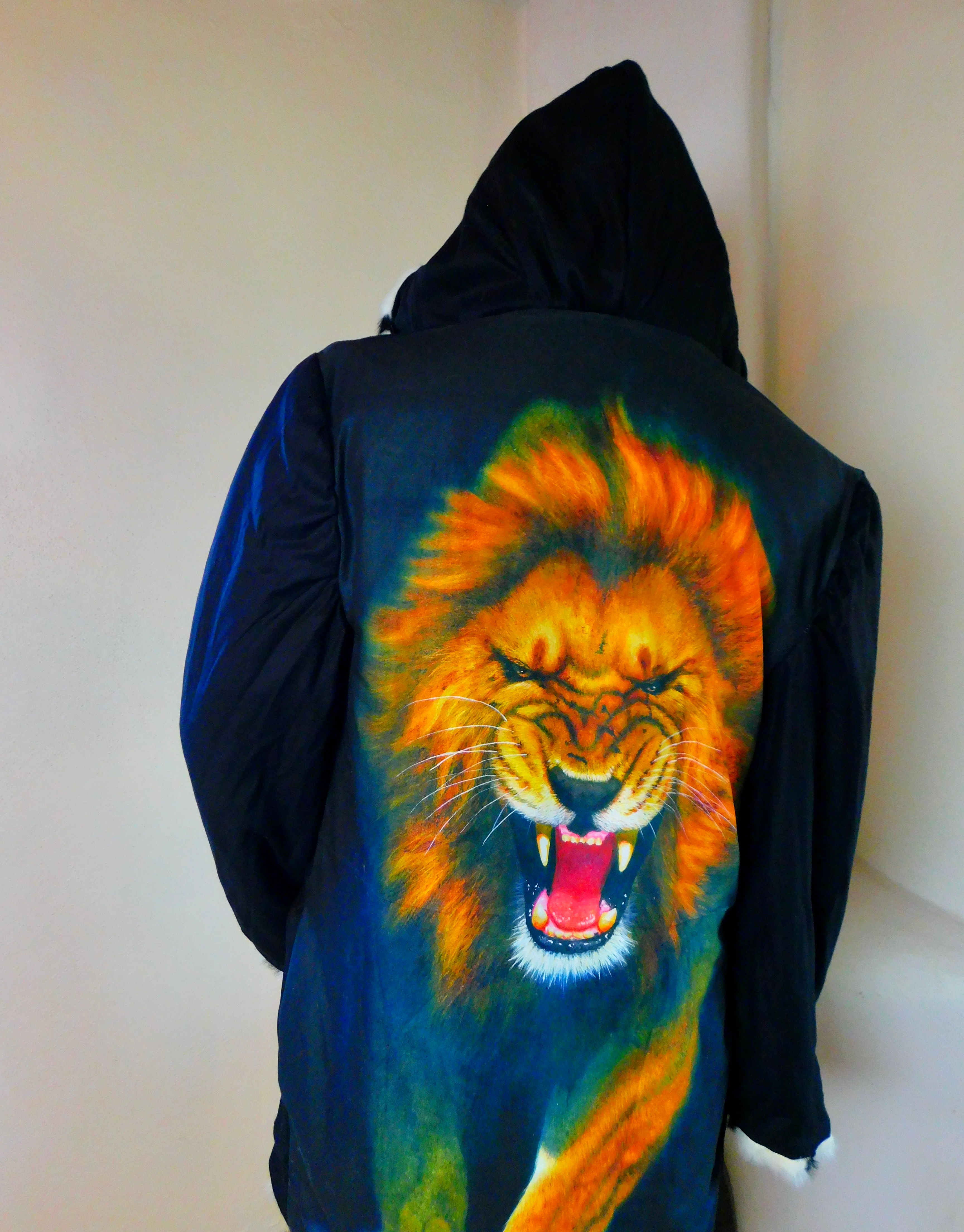 Caged Lion Faux Fur Light Up Coat - Black and White Fur with LEDs