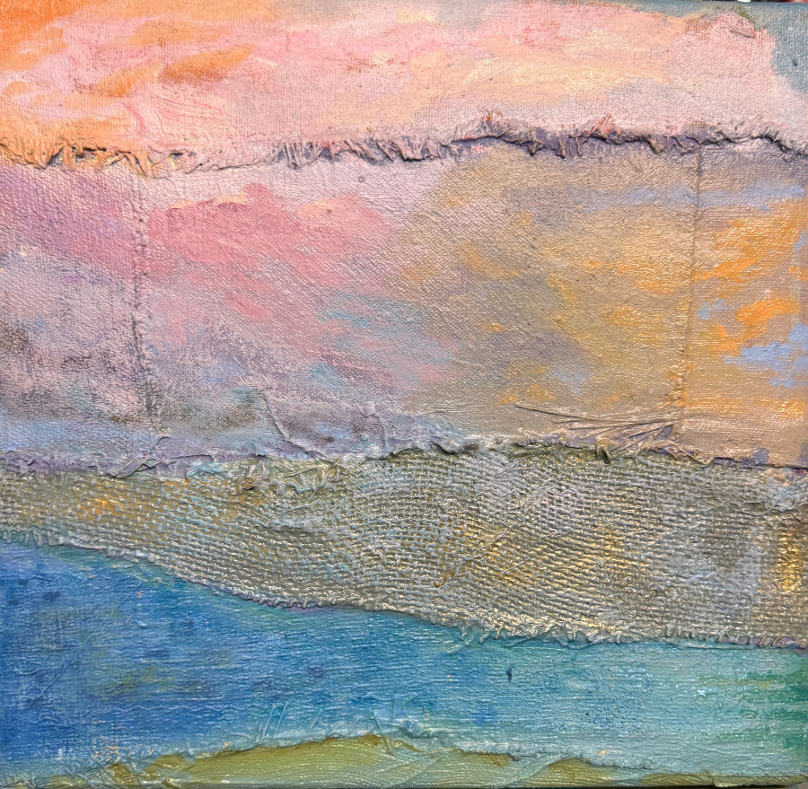 Meditative textural sewn art by Polly Alice in the color of sunrise