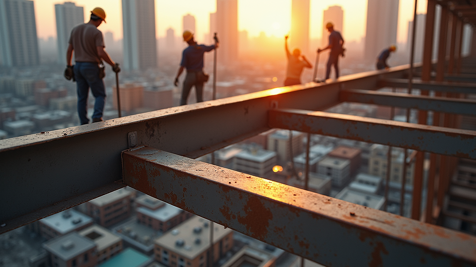 High angle view of construction workers installing steel beams on a building site