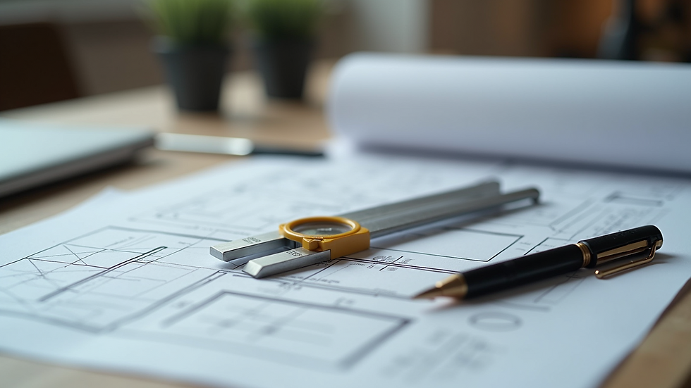 Close-up view of construction blueprint and measuring tools on a table