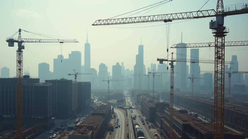 Eye-level view of construction site with cranes and city skyline