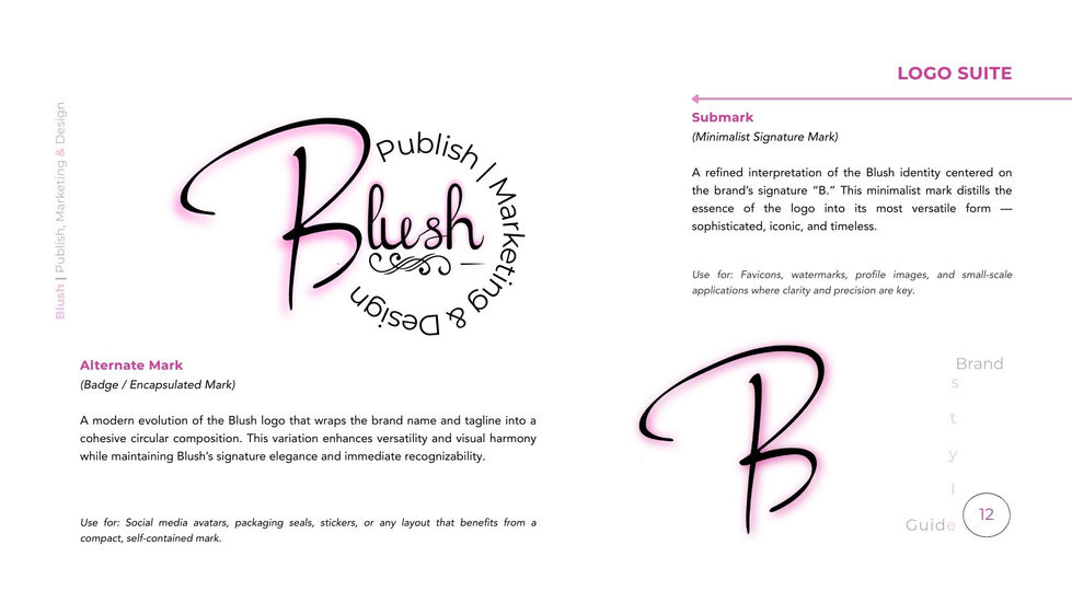 Alternate logo and submark designs from the Blush Brand Style Guide featuring a circular badge logo and minimalist signature mark for scalable digital and packaging applications.