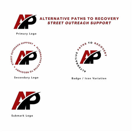 Alternative Paths to Recovery logo suite designed by Blush Publish Marketing & Design featuring bold red and black AP monogram and circular outreach variations
