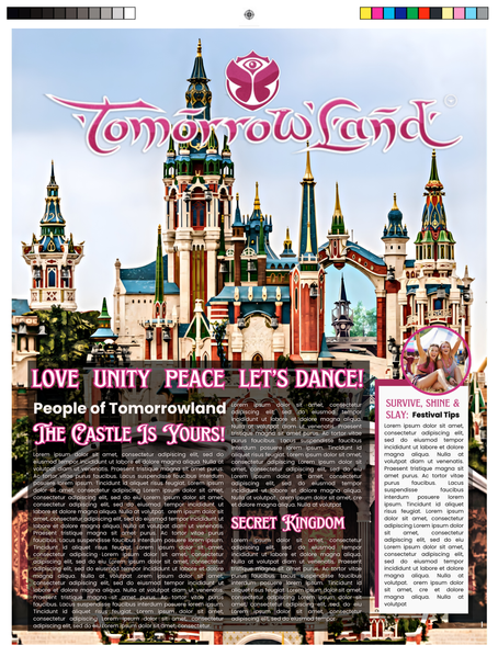Editorial magazine spread titled Tomorrowland designed in Adobe InDesign by Blush Publish Marketing & Design, featuring festival photography, layout grids, and article composition