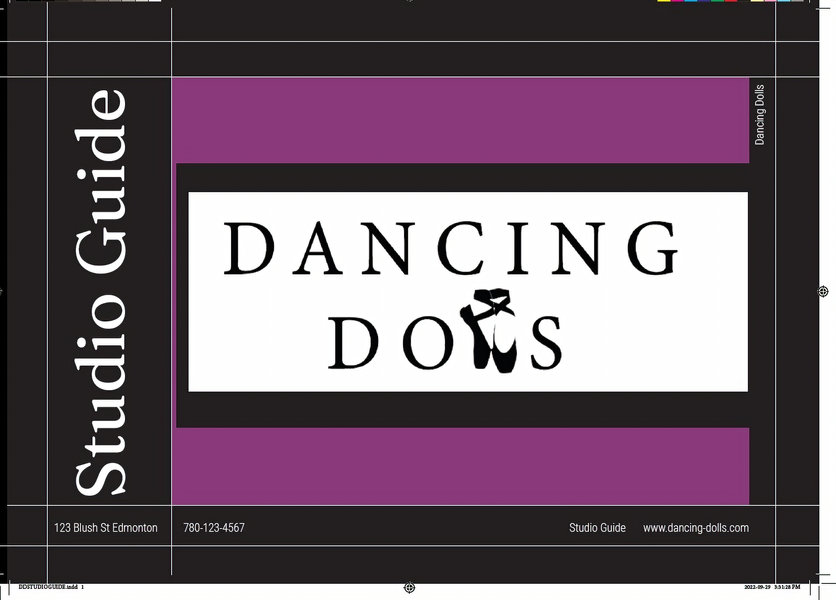 Front cover of a dance studio guide.  Black background with Studio Guide in white writing vertically across the left side.  A purple box with a white and black logo for Dancing Dolls.  The l's on the dolls are ballerina shoes