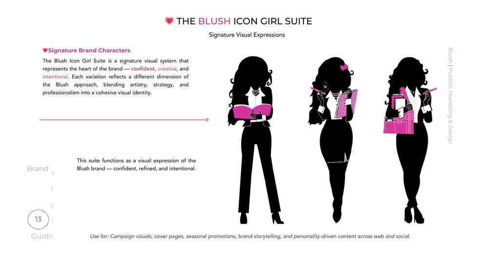 Blush Icon Girl Suite from the Blush Brand Style Guide featuring three signature brand character illustrations used for campaign visuals and personality-driven marketing.