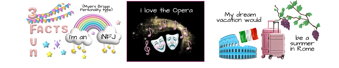 3 Fun Facts About Me” graphic featuring text about personality type, love of opera, and dream vacation in Rome, with colorful icons and whimsical design by Blush Publish Marketing & Design.