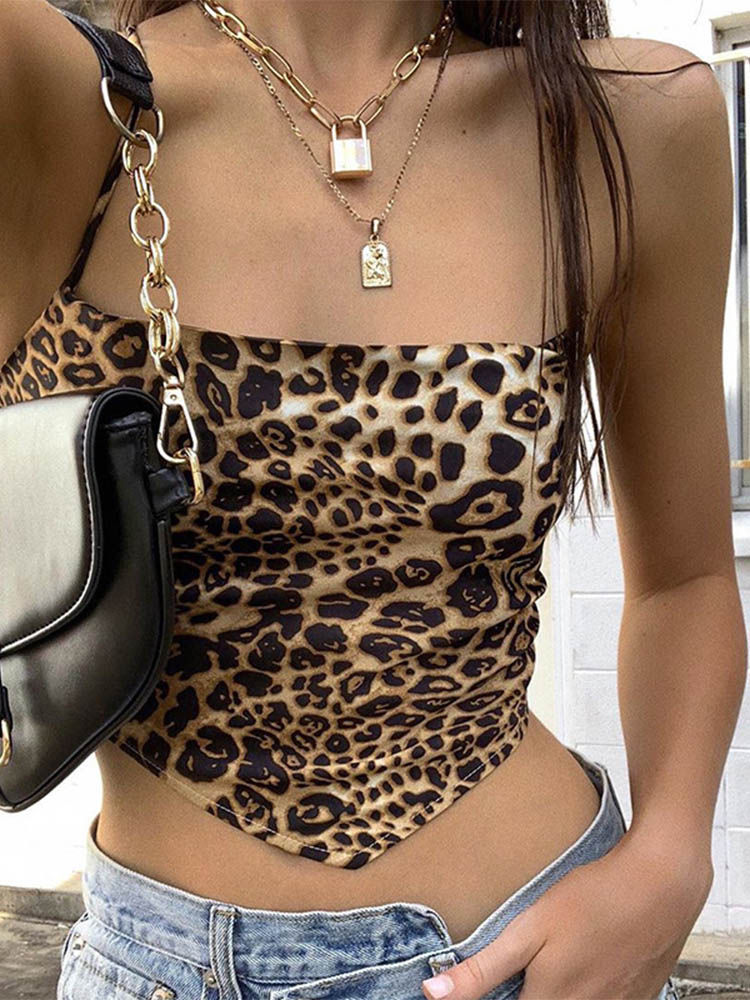 Thumbnail: Leopard Pattern Women Tank Tops Backless Sexy Rave Outfits Sleeveless Cross Lace