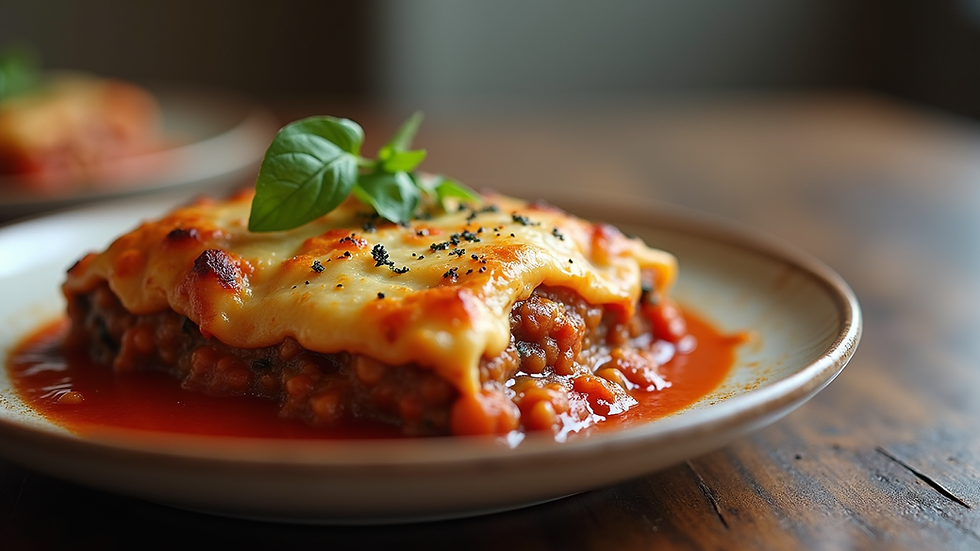 Close-up view of a traditional Greek dish featuring moussaka