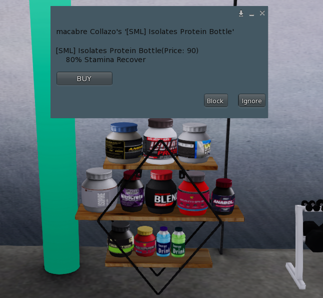 Supplements (click on any bottle and the blue menu will popup to tell you its price & effect.