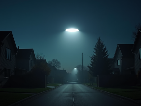 A bright UFO hovering over a suburban neighborhood at night