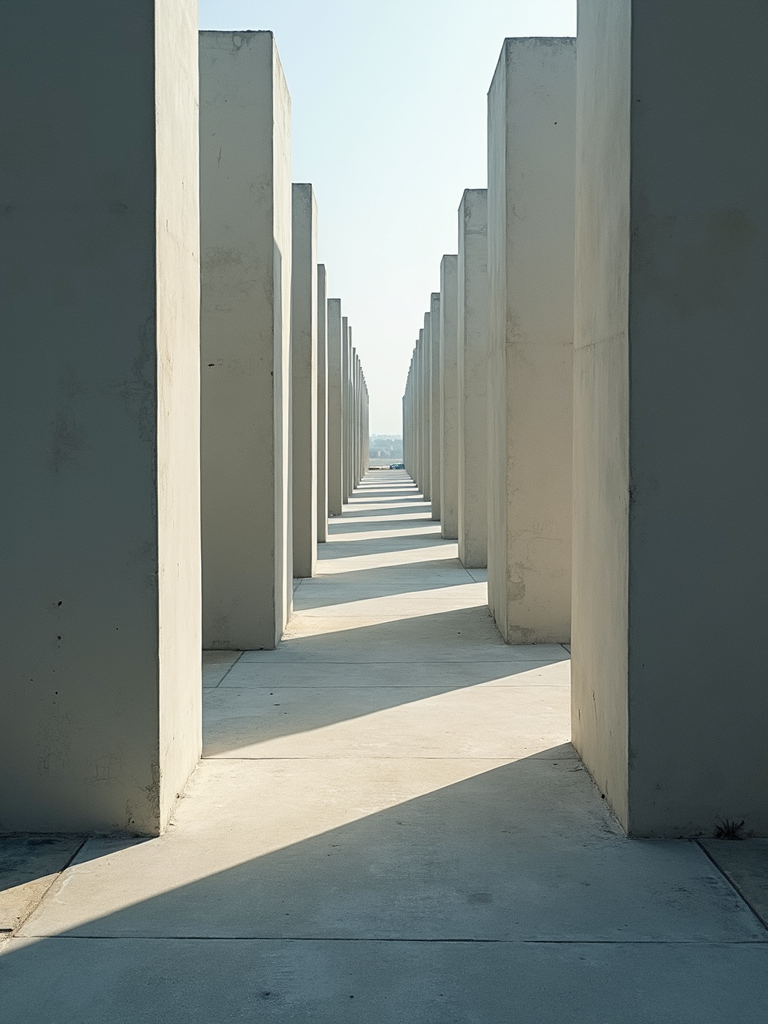 Abstract structural patterns suggesting urban barriers and the rigid nature of judicial systems.