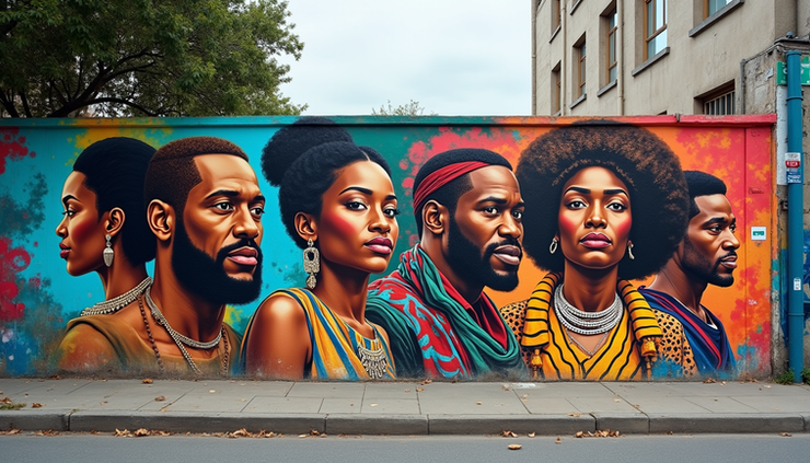 Eye-level view of a vibrant mural celebrating Black historical figures on a city wall