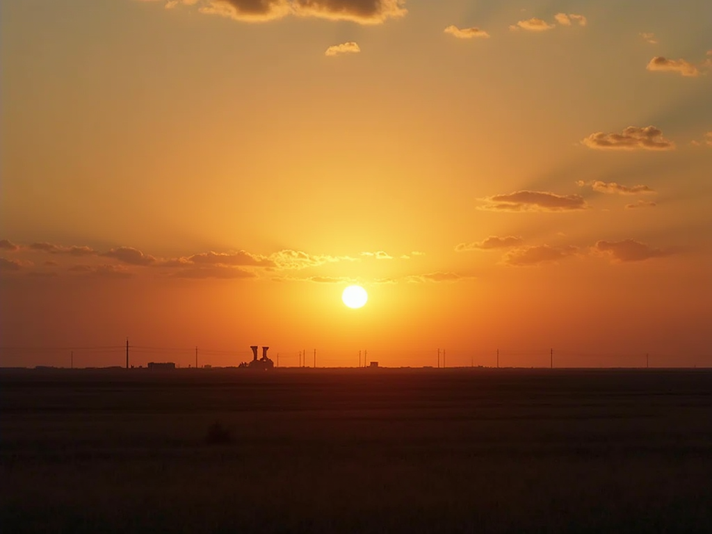 An abstract sunrise over an expansive and industrial Texas landscape representing the state's complex policy environment.