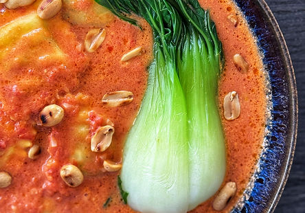 Tomato Soup with Dumplings & Bok Choi