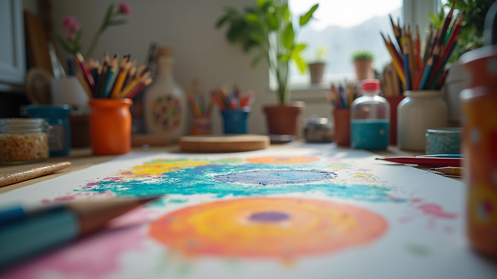 Eye-level view of a colorful art station with various supplies