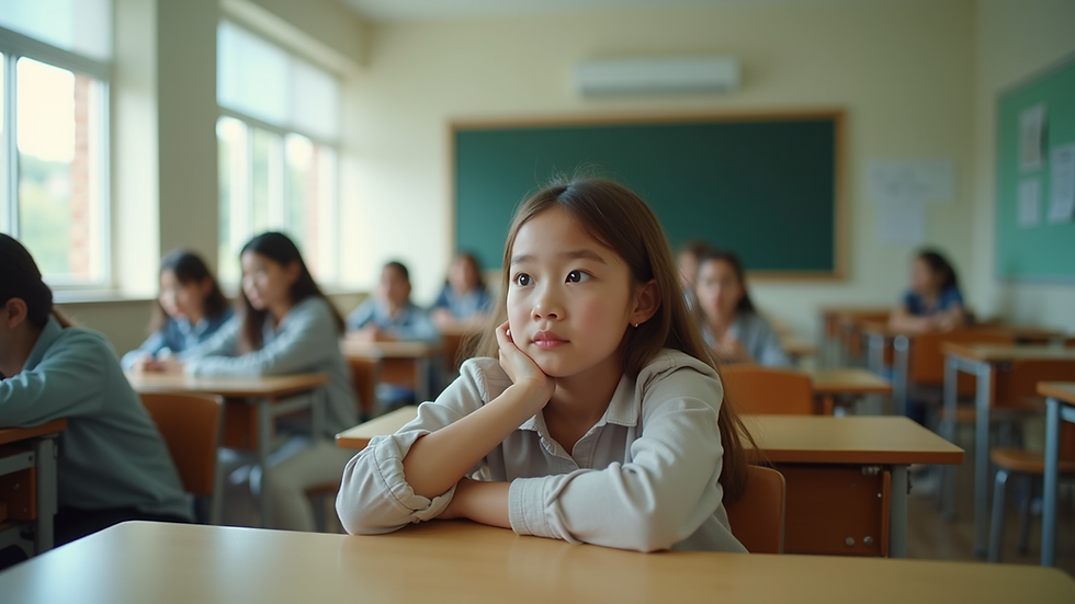 Eye-level view of a classroom with a girl looking thoughtfully at her desk