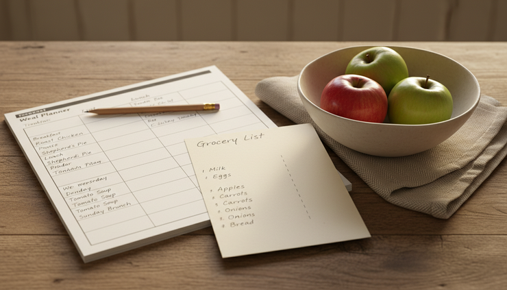 Close-up view of a weekly meal plan beside a small grocery list and a bowl of fruit