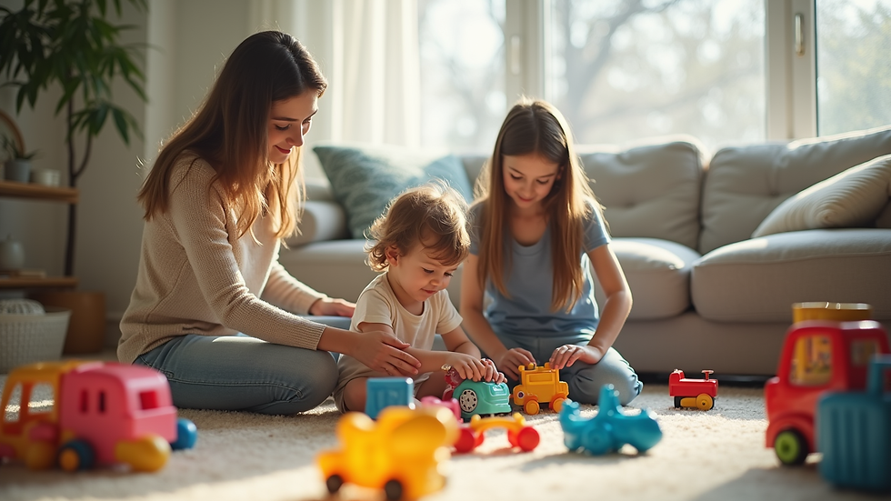 High angle view of a family organizing toys together in a living room