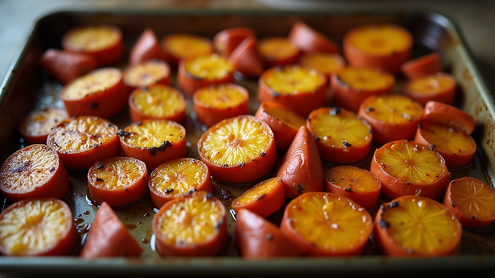 High angle view of roasted root vegetables on a baking tray