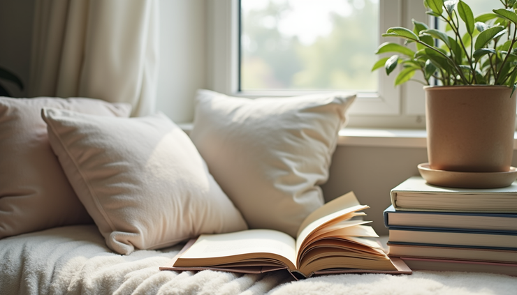 Close-up view of a cosy reading nook with soft cushions and a stack of organisation planners