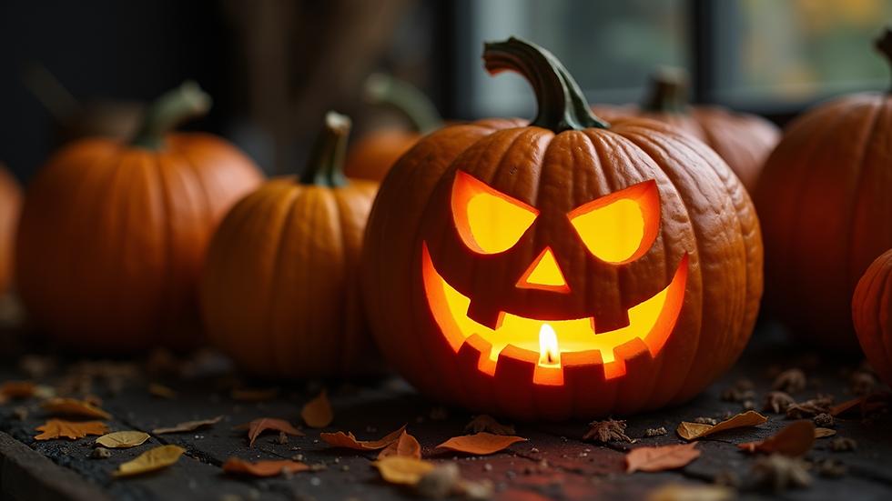 Close-up view of a carved pumpkin with a spooky face