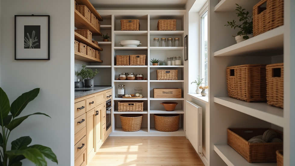 Eye-level view of a well-organized understairs pantry with shelves and baskets