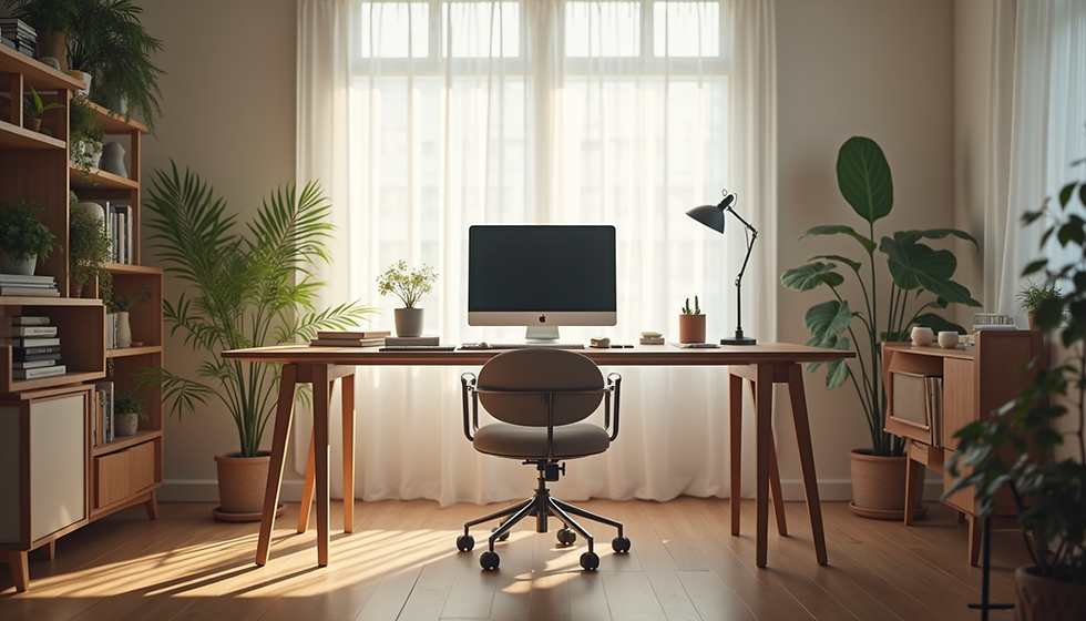       Eye-level view of a tidy home office with natural light