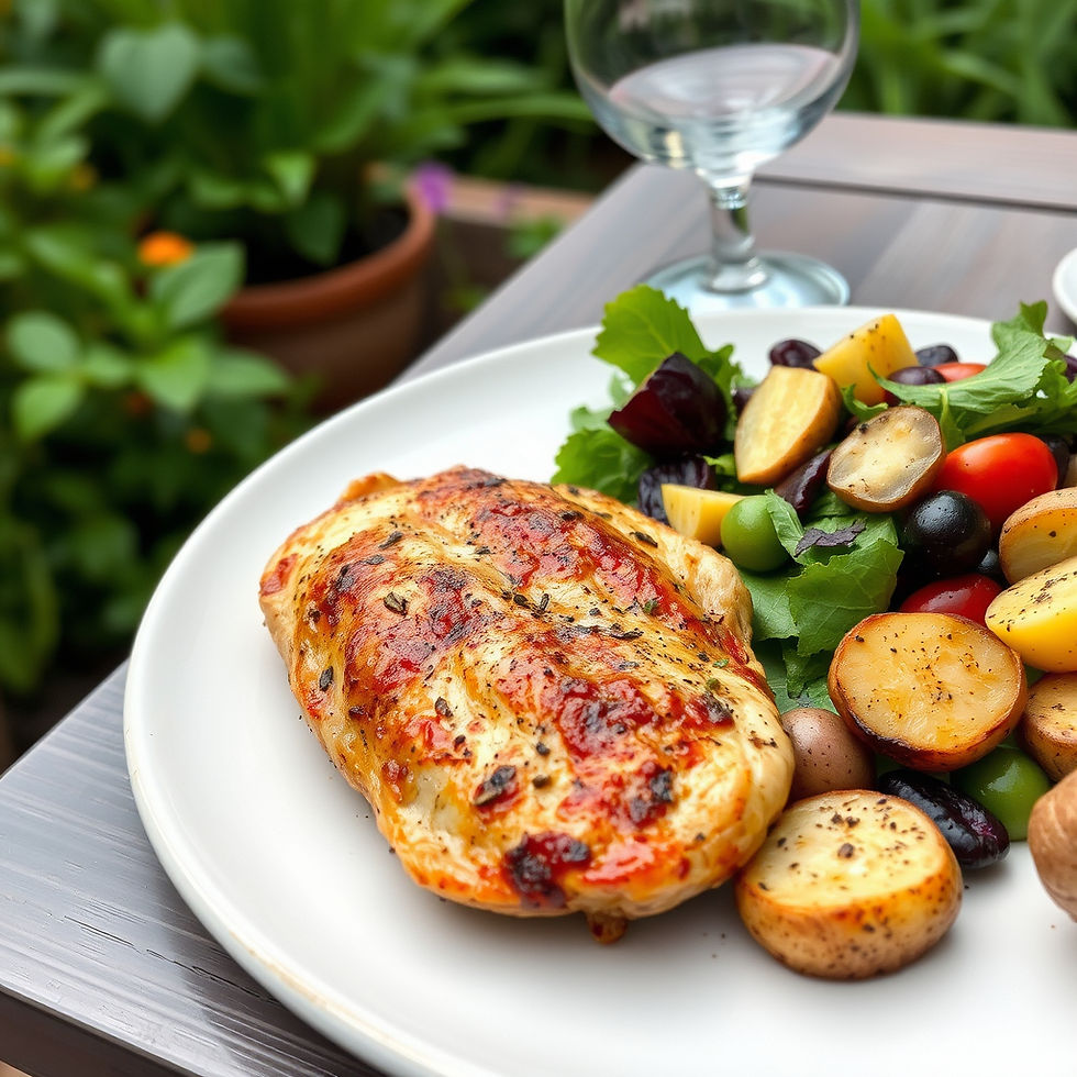 A beautifully cooked herb-seasoned chicken breast is paired with a vibrant garden salad of cherry tomatoes, olives, and roasted baby potatoes on a wooden outdoor table with a lush garden backdrop.