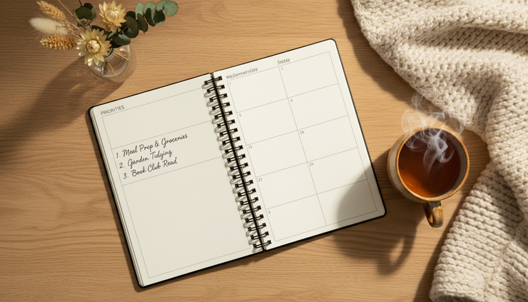 Overhead view of a calm weekly planner with three priorities written beside a warm cup of tea