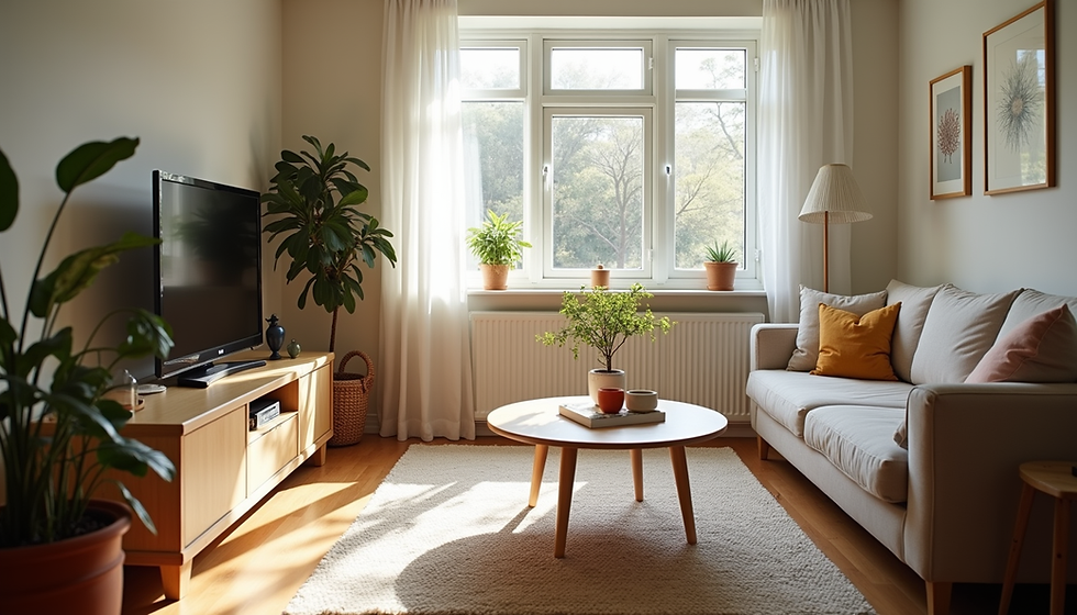 Eye-level view of a tidy and cosy living room with natural light