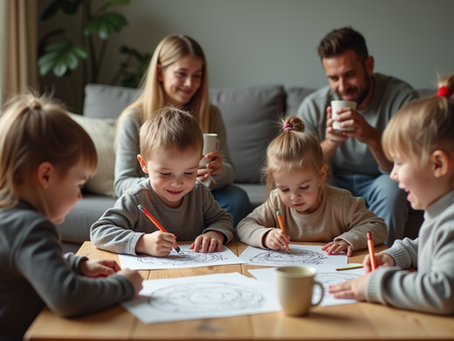 Children colouring pages from The Ultimate Kids Activity Bundle with calm parents in the background