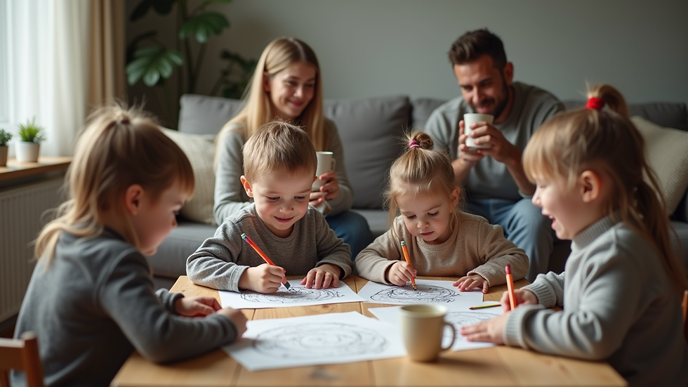 Eye-level view of children sitting around a coffee table colouring with parents relaxed on a sofa behind them