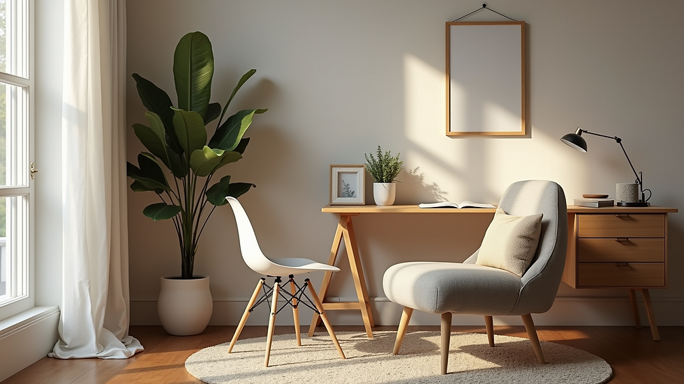 Wide angle view of a cozy home workspace