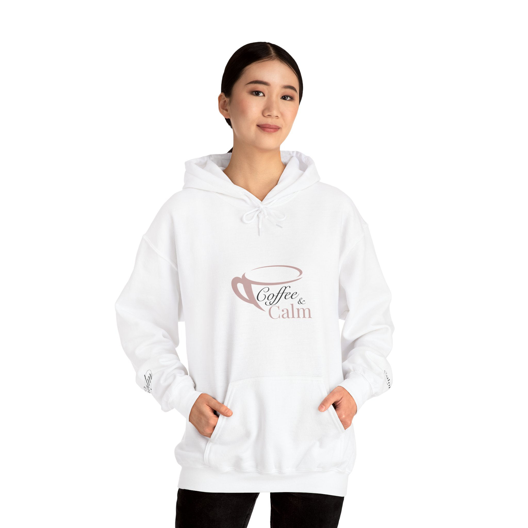 Coffee & Calm Cosy Hoodie from the front in white with a woman wearing it