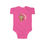 Thumbnail: image of "Cheeky Monkey" infant jersey bodysuit from the front in hot pink