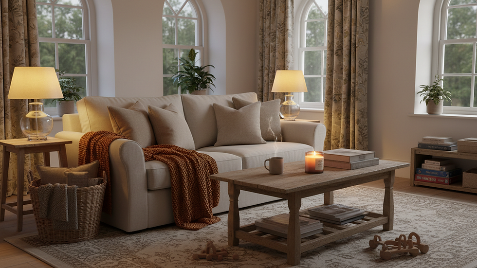 Wide-angle view of a cosy family living room with warm lamps, soft throws and neutral cushions.