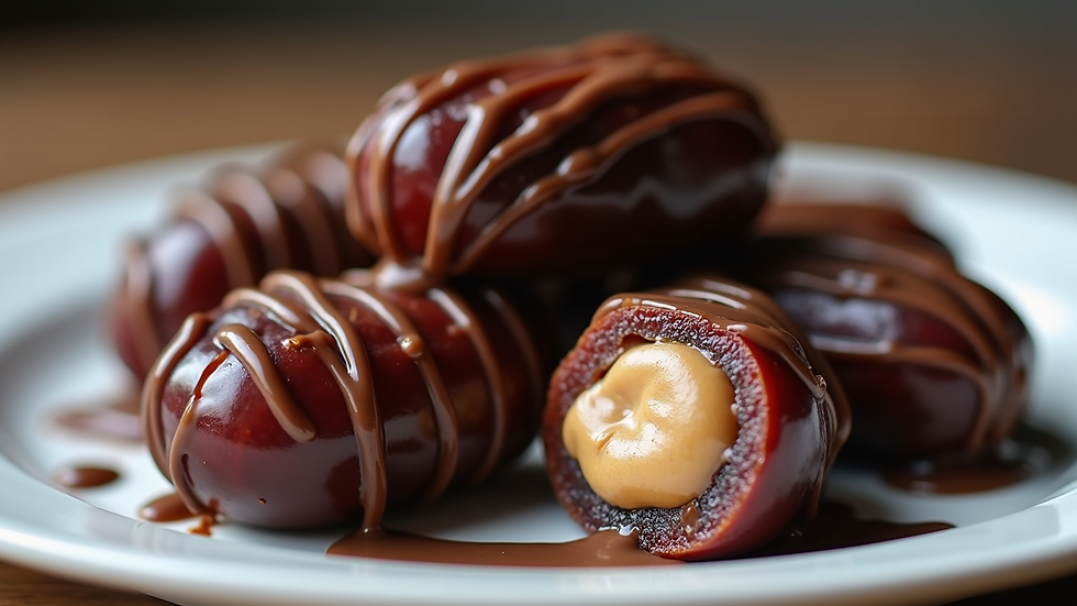 Eye-level view of large pitted dates stuffed with peanut butter and drizzled with milk chocolate on a plate