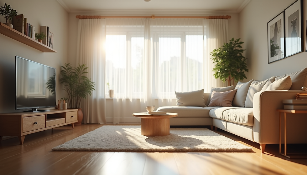 Eye-level view of a tidy living room with soft natural light